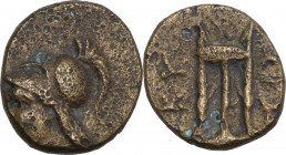 Greek Asia. Mysia, Kyzikos. AE 12,50 mm. c. 3rd century BC. Obv. Head of Athena, left. Rev. Tripod. AE. 1.60 g. 12.50 mm. VF.