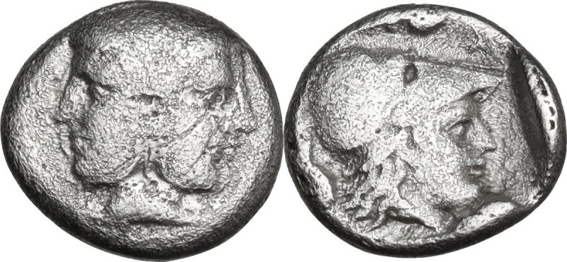 Greek Asia. Mysia, Lampsakos. AR Diobol, c. 450-350 BC. Obv. Janiform female hea...