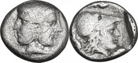 Greek Asia. Mysia, Lampsakos. AR Diobol, c. 450-350 BC. Obv. Janiform female heads. Rev. Helmeted head of Athena right within incuse square. SNG Arika...