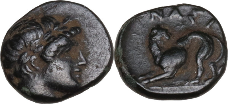 Greek Asia. Islans off Mysia, Nasos. AE 9 mm, 3rd-2nd century BC. Obv. Laureate ...