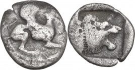 Greek Asia. Troas, Assos. AR Obol, 500-450 BC. Obv. Griffin leaping right. Rev. Head of roaring lion right in incuse square. BMC 30; Weber 5318. AR. 0...