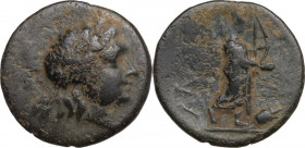 Greek Asia. Troas, Hamaxitos. AE 15 mm, c. 4th century BC. Obv. Laureate head of Apollo right. Rev. Apollo Smintheos standing right, holding phiale an...