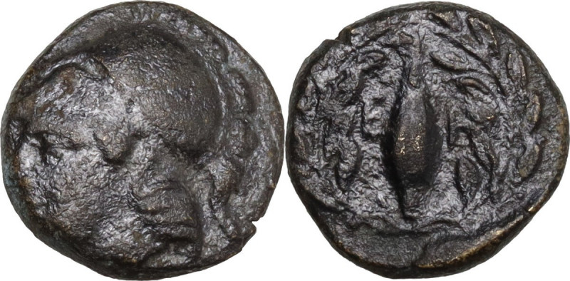 Greek Asia. Aeolis, Elaia. AE 11 mm. 4th-3rd Century BC. Obv. Athena head, left....