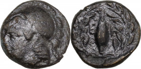Greek Asia. Aeolis, Elaia. AE 11 mm. 4th-3rd Century BC. Obv. Athena head, left. Rev. Grain seed within wreath. SNG Tanrikulu 424-6. AE. 1.50 g. 11.00...