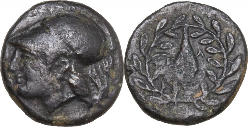 Greek Asia. Aeolis, Elaia. AE 11 mm. 4th-3rd Century BC. Obv. Athena head, left....