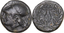 Greek Asia. Aeolis, Elaia. AE 11 mm. 4th-3rd Century BC. Obv. Athena head, left. Rev. Grain seed within wreath. SNG Tanrikulu 424-6. AE. 1.10 g. 11.00...