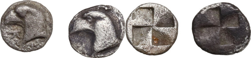 Greek Asia. Aeolis, Kyme. Lot of 2 AR Obols, 480-450 BC. Obv. Head of eagle. Rev...