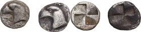 Greek Asia. Aeolis, Kyme. Lot of 2 AR Obols, 480-450 BC. Obv. Head of eagle. Rev. Incuse square. SNG Cop. 31. AR. VF:About VF.