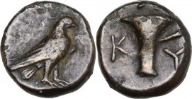 Greek Asia. Aeolis, Kyme. AE 10 mm, 350-320 BC. Obv. Eagle standing right. Rev. Oenochoe. SNG Cop. 41-45; SNG von Aulock 1625. AE. 1.10 g. 10.00 mm. G...
