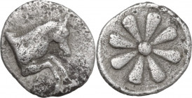 Greek Asia. Aeolis, Kyme. AR Obol, 350-250 BC. Obv. Forepart of horse. Rev. Flower. SNG Cop. 34. AR. 0.31 g. 8.00 mm. Good VF.