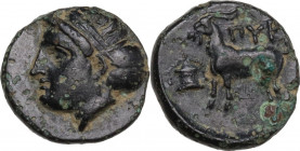Greek Asia. Lesbos, Pyrrha. AE 11 mm, c. 4th century BC. Obv. Head of the nymph Pyrrha left. Rev. Goat standing left. HGC 6 1060. RR. Very rare. Good ...