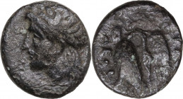 Greek Asia. Ionia, Leukai. AE 10,50 mm. c. 350-300 BC. Obv. Apollo head, left. Rev. Swan. SNG Cop. 800 (var). AE. 1.10 g. 10.50 mm. Magistrate name il...