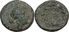 Greek Asia. Caria, Apollonia Salbake. AE 17 mm. Civic issue, 1st century BC. Obv. Head of young Dionysos. Rev. Lyre. AE. 4.40 g. 17.00 mm. VF.
