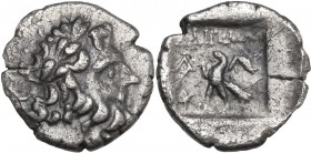 Greek Asia. Caria, Stratonikeia. AR Hemidrachm. Charimon, magistrate. c. 88-85 BC. Obv. Laureate head of Zeus right. Rev. Eagle within incuse square. ...