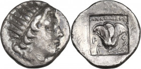 Greek Asia. Islands off Caria, Rhodes. AR Drachm, c. 188-170 BC. AR Drachm. ‘Plinthophoric’ coinage. Anaxidokos, magistrate. Obv. Radiate head of Heli...