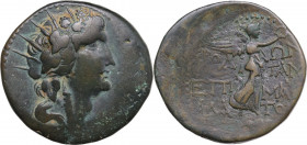 Greek Asia. Islands off Caria, Rhodes. AE Drachm, Early-mid 1st century AD. Obv. Radiate head Dionysos, right. Rev. Nike advancing right. RPC I RPC I ...