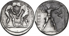 Greek Asia. Pamphylia, Aspendos. AR Stater, c. 380/75-330/25 BC. Obv. Two wrestlers grappling. Rev. Slinger in throwing stance right. SNG Cop. 233; SN...