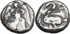 Greek Asia. Cilicia, Mallos. AR Stater, c. 440-390 BC. Obv. Winged male figure advancing right, holding solar disk. Rev. Swan standing left; fish to l...