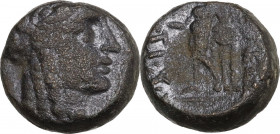 Greek Asia. Seleucid Kings. Antiochos III 'the Great' (223-187 BC). AE 13 mm. Sardes mint. Obv. Laureate head of Apollo, right. Rev. Apollo standing l...