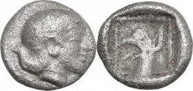 Greek Asia. Philistia. AR Hemiobol. Uncertain mint, c. 500-400 BC. Obv. Archaic head right. Rev. Head of griffin left. Cf. Savoca Numismatik, Live Onl...
