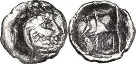 Greek Asia. Persis. Uncertain king I (2nd century BC). AR Obol. Obv. Head right with very short beard, wearing diadem and kyrbasia. Rev. Fire temple, ...