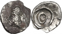 Greek Asia. Persis. Uncertain king II (1st century AD). AR Obol. Obv. Bearded bust left, wearing diadem with two loop tie and Parthian-style tiara wit...