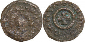 Africa. Kingdom of Axum. MHDYS (Matthias). Gold-Inlaid AE Unit, c. 400-450 AD. Obv. Ge'ez legend. Draped bust right, wearing headcloth, between two wh...