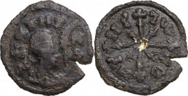 Africa. Kingdom of Axum. Wazena. Gold-Inlaid AE Unit, c. 550-570 AD. Obv. Ge'ez legend. Draped bust right, wearing head cloth, holding wheat stalk; be...