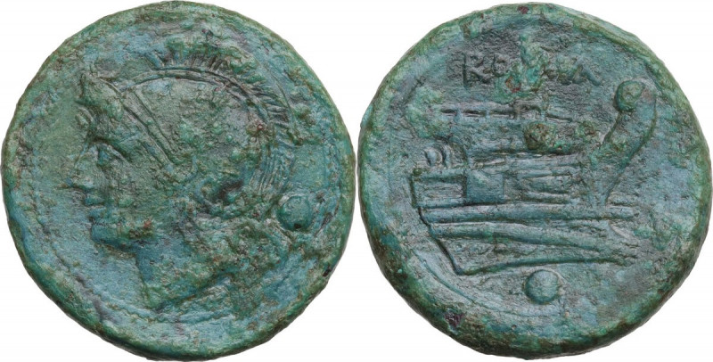 Anonymous semilibral series. AE Uncia, 217-215 BC. Obv. Helmeted head of Roma le...
