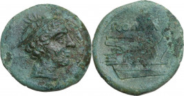 Anonymous semilibral series. AE Semuncia, c. 217-215 BC. Obv. Head of Mercury right, wearing winged petasus. Rev. Prow right. Cr. 38/7. AE. 5.80 g. 20...