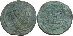 Anonymous semilibral series. AE Semuncia, c. 217-215 BC. Obv. Head of Mercury right, wearing winged petasus. Rev. Prow right. Cr. 38/7. AE. 3.80 g. 18...