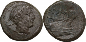 Semilibral series. AE Semuncia, c. 217-215 BC. Obv. Head of Mercury right, wearing winged petasus. Rev. ROMA. Prow right. Cr. 38/7. AE. 6.40 g. 21.50 ...