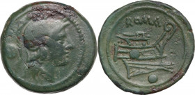 Anonymous post-semilibral series. AE Uncia, c. 215-212 BC. Rome mint. Obv. Helmeted head of Roma to right; pellet behind. Rev. Prow of galley to right...