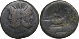 Sextantal series. AE As 33 mm. After 211 BC. Obv. Janus head. Rev. Prow. AE. 31.50 g. 33.00 mm. An uncertain symbol in front of the prow ?. About VF.