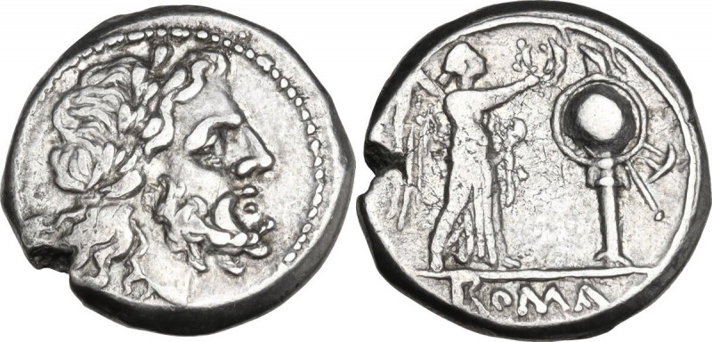 Anonymous. AR Victoriatus, from 211 BC. Obv. Laureate head of Jupiter right. Rev...