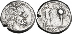 Anonymous. AR Victoriatus, from 211 BC. Obv. Laureate head of Jupiter right. Rev. Victory standing right, crowning trophy; in exergue, ROMA. Cr. 44/1....