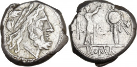 Anonymous. AR Victoriatus, from 211 BC. Obv. Head of Jupiter right, laureate. Rev. Victory right, crowning trophy. Cr. 44/1. AR. 3.03 g. 15.00 mm. VF.