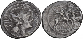 Anonymous. AR Sestertius, from 211 BC. Obv. Helmeted head of Roma right; behind, IIS. Rev. The Dioscuri galloping right; below, ROMA in linear frame. ...