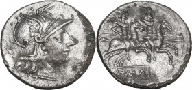 Anonymous. Fourrée Denarius, after 211 BC. Obv. Helmeted head of Roma right; behind, X. Rev. The Dioscuri galloping right; below, ROMA in linear frame...