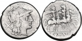 AR Denarius. After 211 BC. Anonymous. Rome mint. Obv. Helmeted head of Roma, right. Rev. Dioscuri galloping, right. Cr. 53/2. AR. 4.30 g. 19.00 mm. Ab...