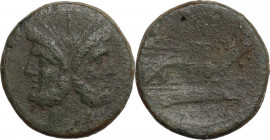Anonymous sextantal series. AE As, after 211 BC. Obv. Laureate head of Janus; above, I. Rev. Prow right; above, I; below, ROMA. Cr. 56/2. AE. 25.80 g....