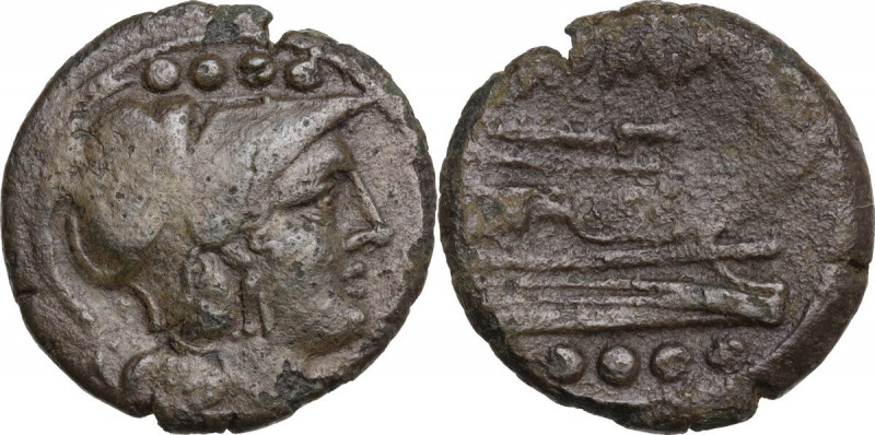 Anonymous sextantal series. AE Triens, after 211 BC. Obv. Helmeted head of Miner...
