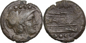 Anonymous sextantal series. AE Triens, after 211 BC. Obv. Helmeted head of Minerva right; four pellets above. Rev. Prow right; ROMA above; four pellet...