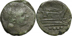 Anonymous sextantal series. ARE Triens, after 211 BC. Obv. Helmeted head of Minerva right; four pellets above. Rev. Prow of galley right; four pellets...