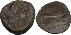 Anonymous sextantal series. AE Quadrans, after 211 BC. Sardinia. Obv. Head of Hercules right; behind, three pellets. Rev. ROMA. Prow right; below, thr...