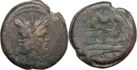 Crescent (first) series. AE As, c. 207 BC. Obv. Laureate head of Janus; above, I. Rev. Prow right; above, I and crescent; below, ROMA. Cr. 57/3. AE. 5...