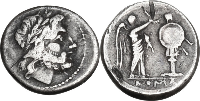 Anonymous. AR Victoriatus, 215-214 BC, Sicily (?). Obv. Laureate head of Jupiter...