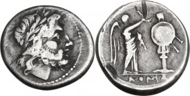 Anonymous. AR Victoriatus, 215-214 BC, Sicily (?). Obv. Laureate head of Jupiter right. Rev. Victory standing right, crowning trophy; in exergue, ROMA...