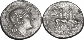 H series. AR Quinarius. South East Italy, c. 211-210 BC. Obv. Helmeted head of Roma right; behind, V. Rev. The Dioscuri galloping right; below, H and ...