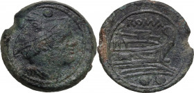 Anonymous post-semilibral series. AE Sextans, c. 215-212 BC. Obv. Bust of Mercury right. Rev. Prow of galley. Cr. 41/9. AE. 10.80 g. 23.00 mm. VF/Good...